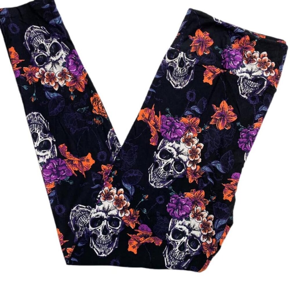 NEW OS LuLaRoe Candy Skull Floral Purple Black Leggings Comfy Stretch Goth Punk